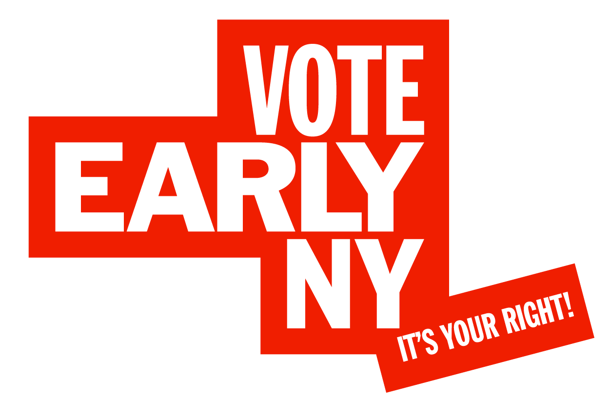 A red and white logo that says vote early ny.